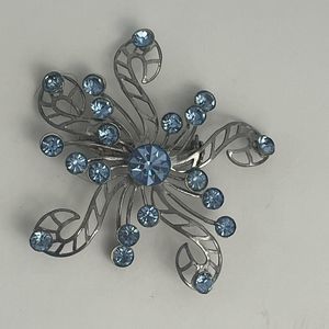 VTG Brooch Blue Rhinestones Star Burst Snowflake Art Deco Silver Tone